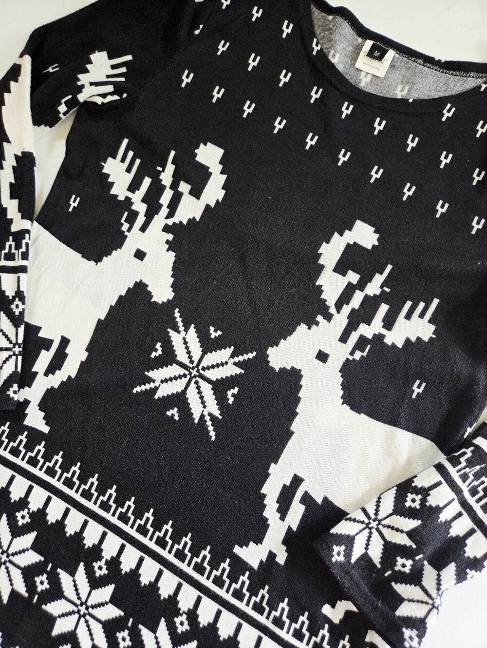 Pixel Art Reindeer Ugly Christmas Sweater Long Sleeve Black White Medium